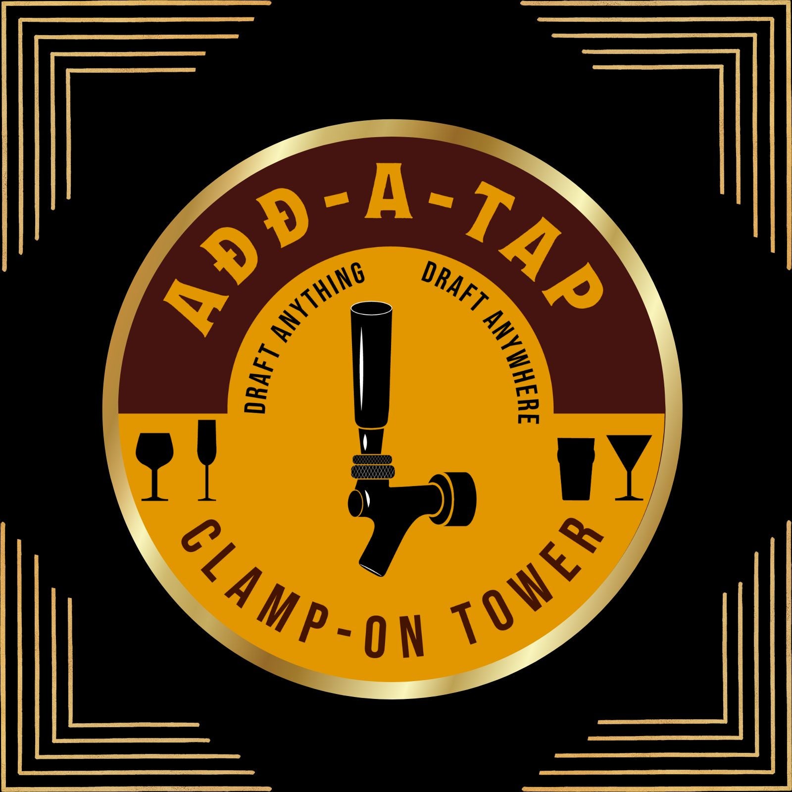 Add-A-Tap gold frame border with logo for draft anything, draft anywhere clamp-on tower