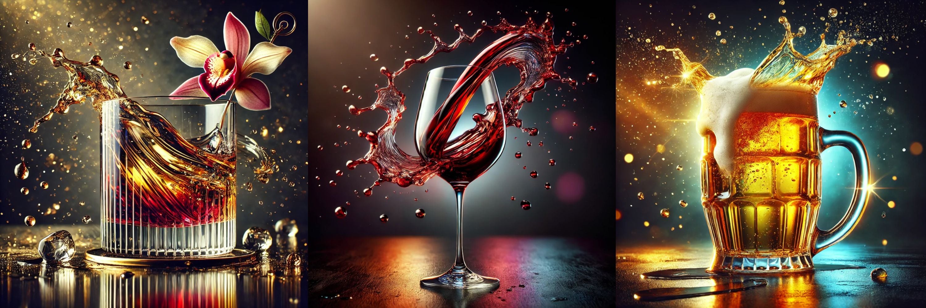 Keg beverages shown in glasses - red wine, white wine, cider, beer, ready to drink cocktails and mocktails (RTDs), hard seltzers, poured by the Add-A-Tap portable draft system