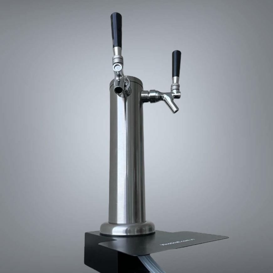Double faucet clamp-on draft tower for portable drafts of beer, wine, ciders and more by Add-A-Tap