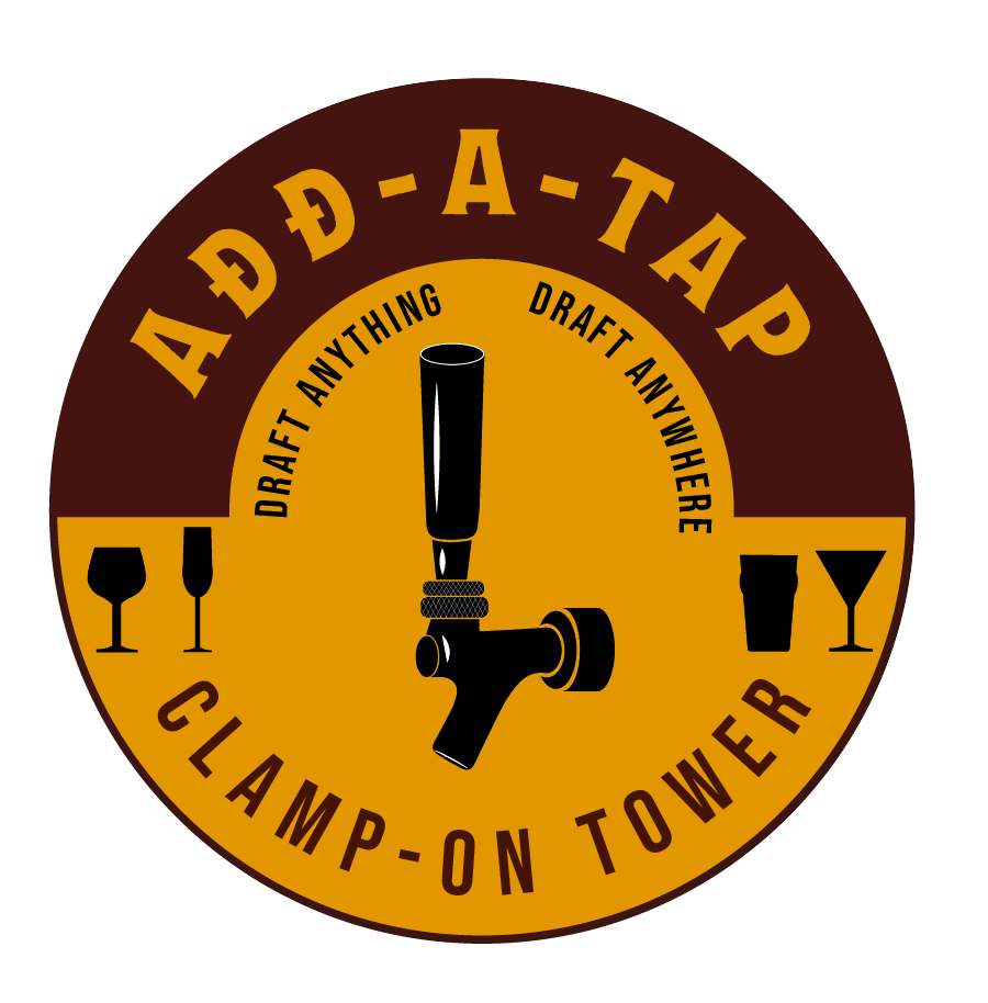 Add-A-Tap circle logo with white outline, showing clamp-on tower system to draft anything draft anywhere