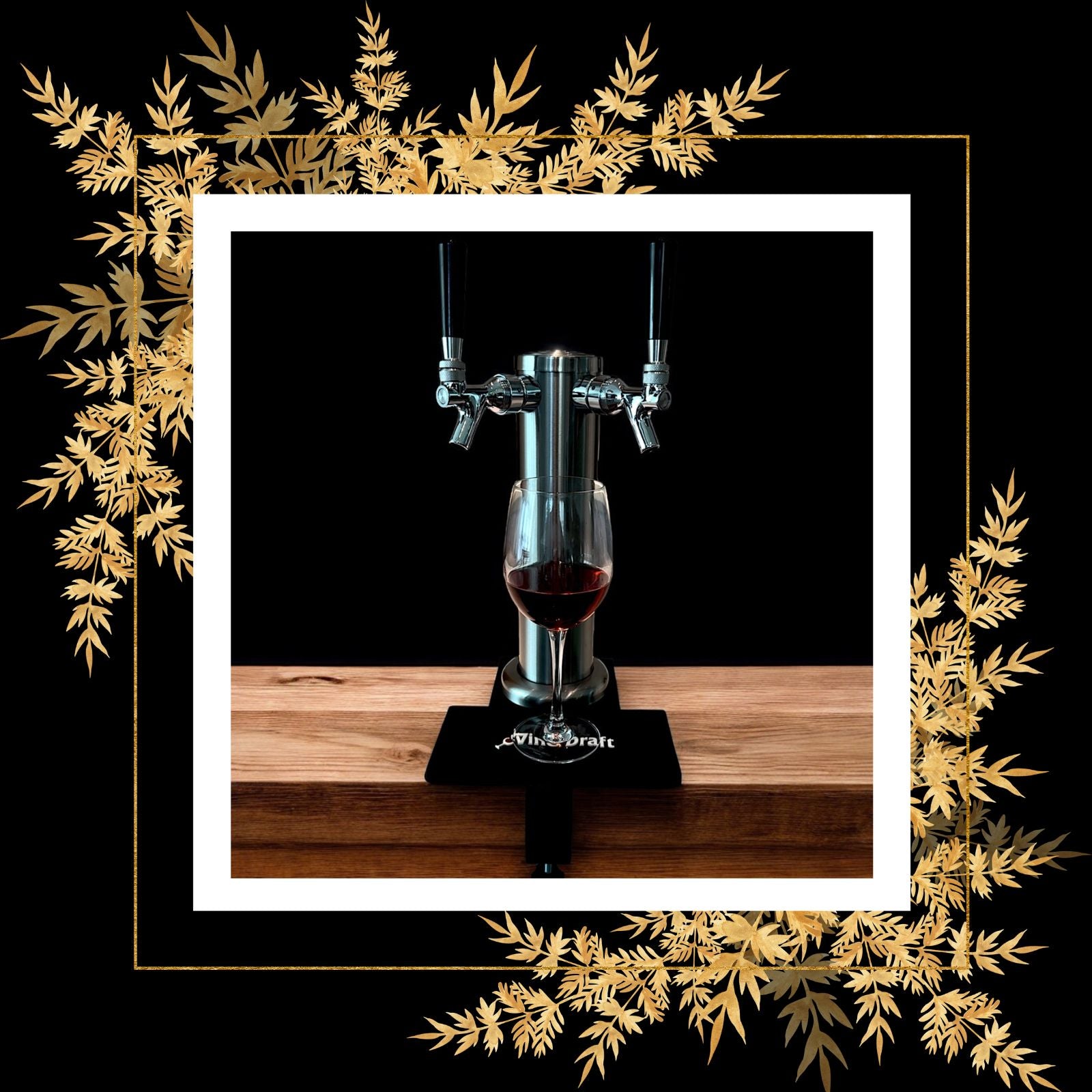 Add-A-Tap double tower kit with draft red wine in glass and gold floral background