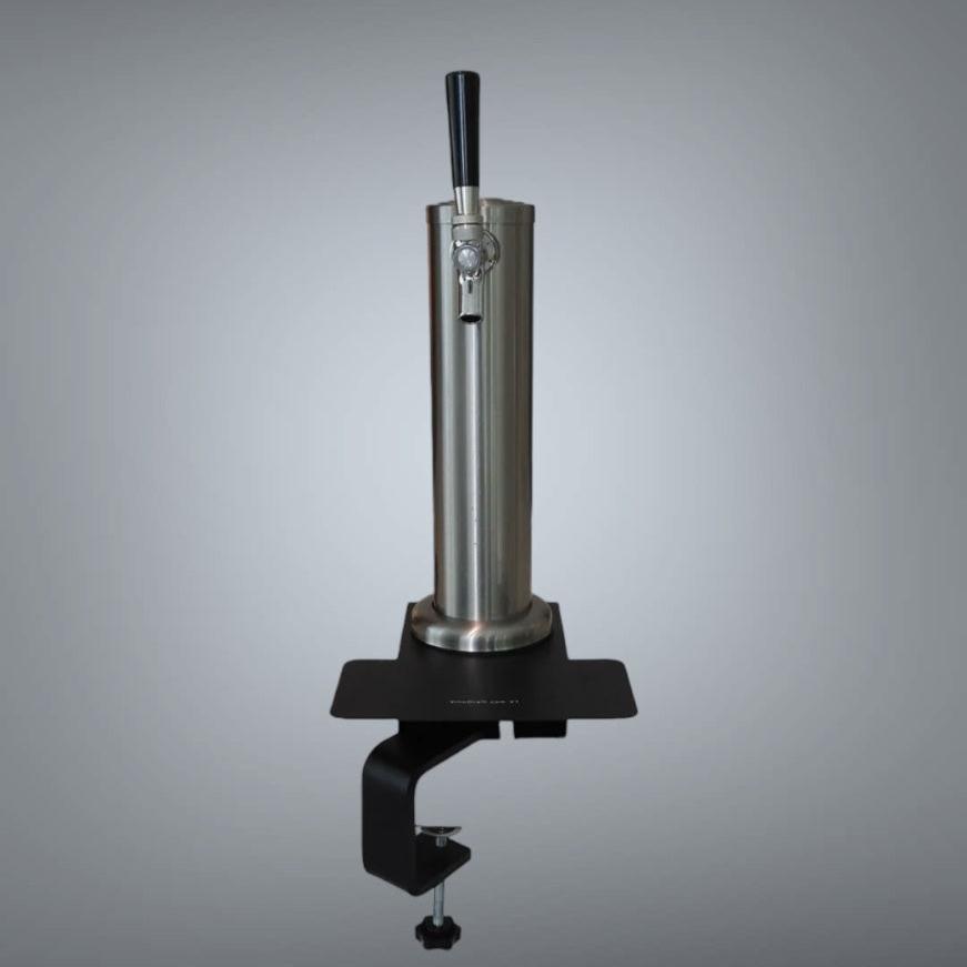 Single faucet clamp-on draft tower for beer, wine and other draft beverages; made of high-quality professional looking brushed stainless steel (SS304) with custon engineered clamp and base